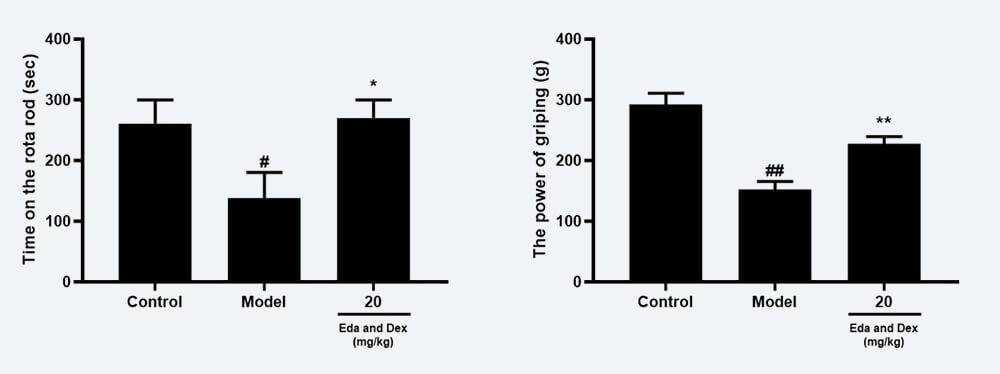 神经功能药效学考察：C 转棒滞留时间；D 抓握力（mean±SEM）.jpg